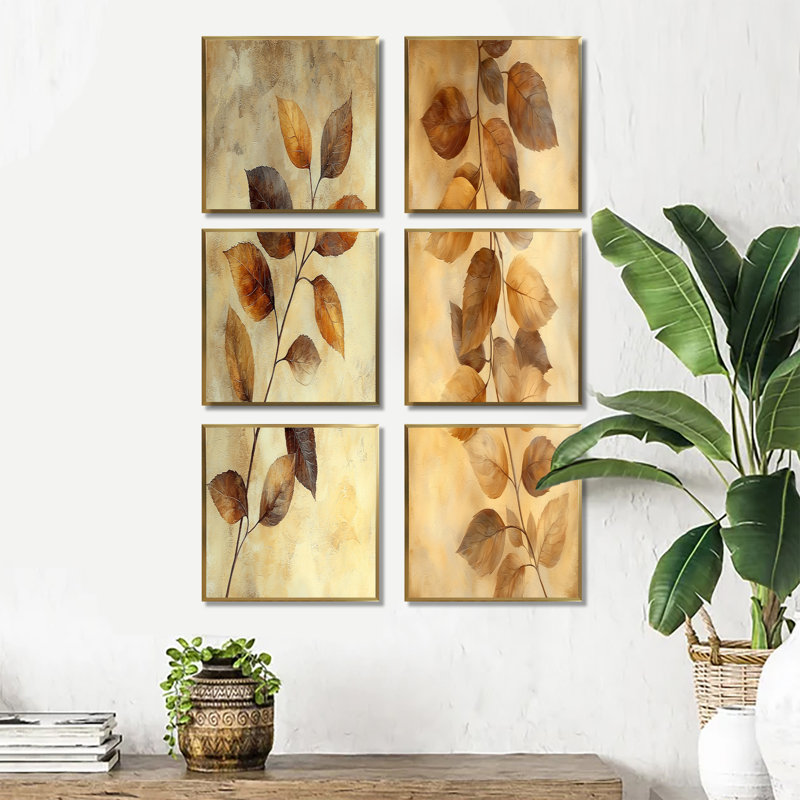 Gussie - Ensemble de 6 impressions sur toile florales, Impression encadrée sans passe-partout, Doré