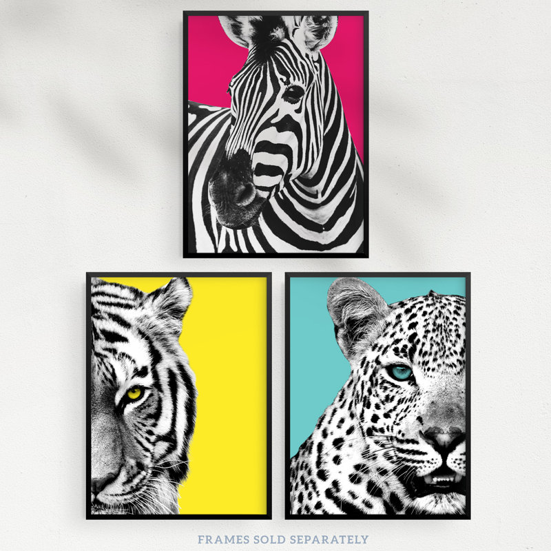 Bright Wild Animal Pink Yellow Zebra Lion Leopard Colour Block - 3 Piece No Frame Print Set, 29.7cm H x 21cm W x 0.4cm D