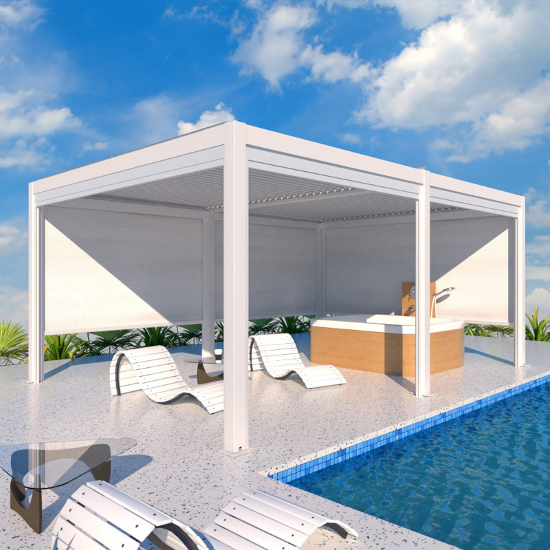 White Motorized Aluminum Pergola with LED Lighting, 19' x 13'