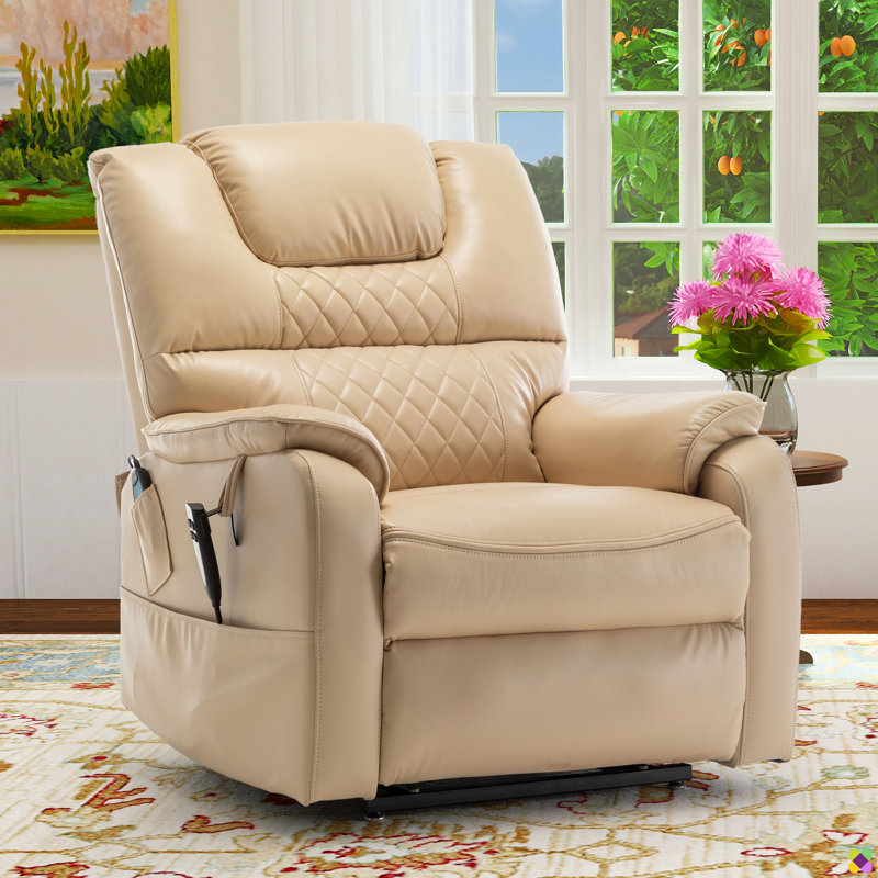 Karelin 35.54"W 180° Flat Lay Faux Leather Lifting Power Recliner, Massage Chair, Heater, Lift Chair, Beige Faux Leather