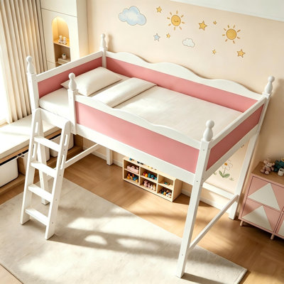 Lit mezzanine en bois massif de taille standard avec barrières de sécurité sur toute la longueur, cadre de lit mezzanine pour enfants avec échelle et espace sous le lit, lit cabane en bois de pin pour chambre d'adolescent, rose.