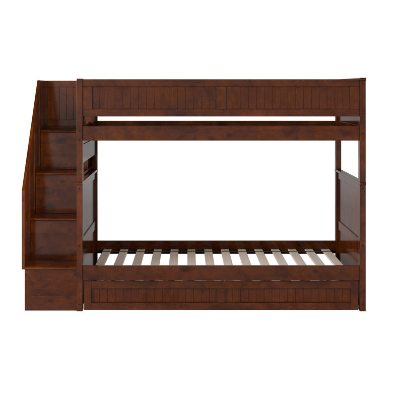 Keaire Staircase Bunk Bed with Storage Drawer and Twin Trundle, Walnut, Twin Over Twin