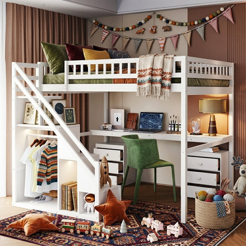 78.9" Full Size Loft Bed With Integrated Desk & 2 Chest Of Drawers - Independent Storage Stairs With LED Light Strip - Solid Wood Frame - Gray