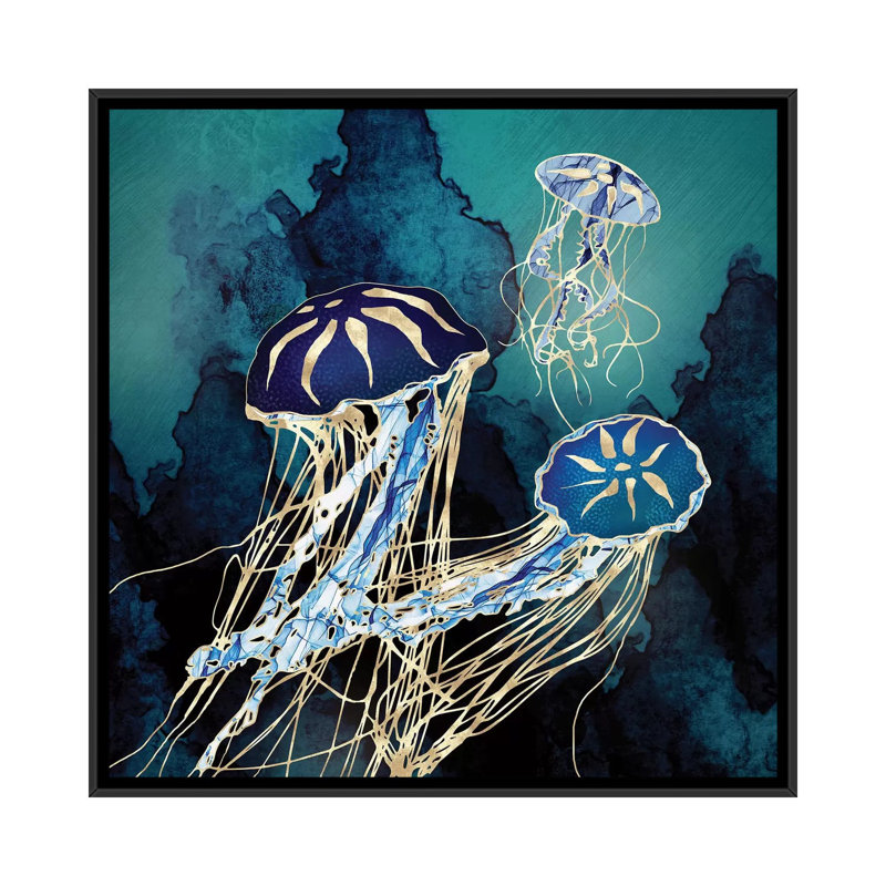 Métallique méduse III - impression d'art graphique, Pas de tapis, 18" H x 18" W x 1.5'' D, Black Framed