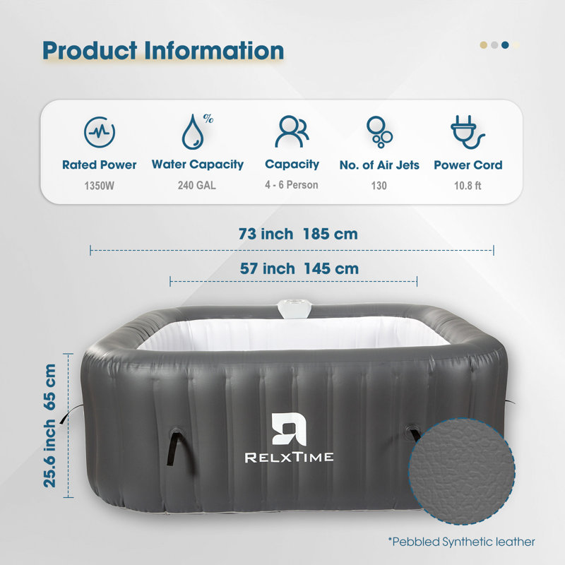 RELXTIME ProSeries 6-Person Upgraded Square Inflatable Hot Tub – 73x73 Inch  Portable Spa with 15-Piece Pro Kit, Grey Reinforced Design for Ultimate Durability