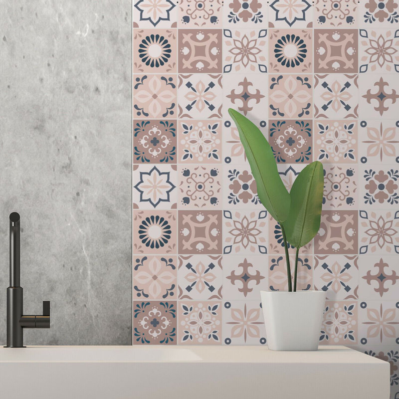 Marjorelle Moroccan Wall Tile Sticker Set 15cm x 15cm PVC, Pink/Grey