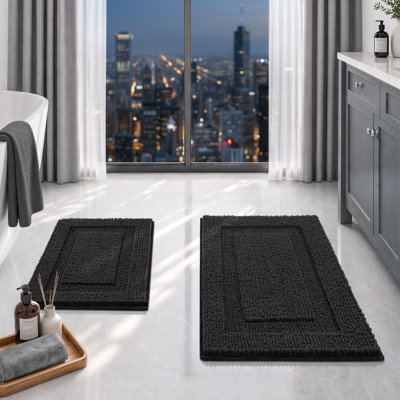 Ensemble de tapis de bain en chenille noire, 2 pièces, 43 x 61 cm + 51 x 81 cm