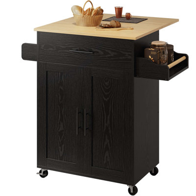 26"W Rolling Kitchen Island Table On Wheels With Drop Leaf