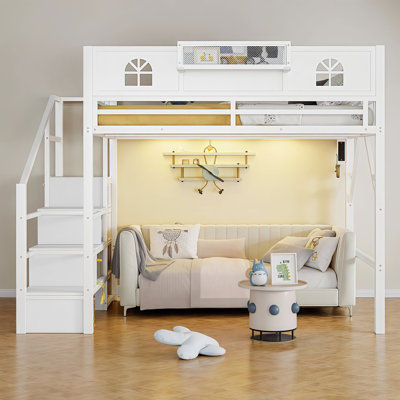Full Loft Bed with Stairs & Built-in Wardrobe - Space Saving Kids Teens Metal Loft Bed with House-Shaped Guardrails Maximizes Small Bedrooms