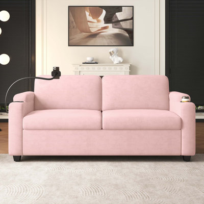 Convertible Corduroy Sleeper Sofa with Charging Ports and Storage
