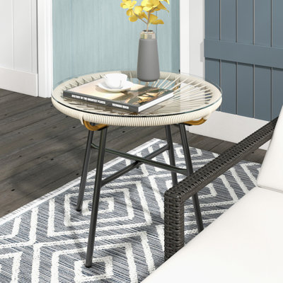Table d'appoint en rotin avec plateau en rotin PE et verre trempé, crème