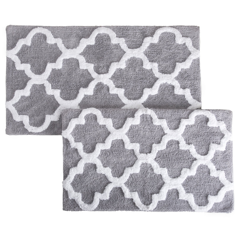 Freja 2PC Cotton Bathroom Rug Set - Bath Mat Set with Trellis Pattern and Non-Slip Base, Silver