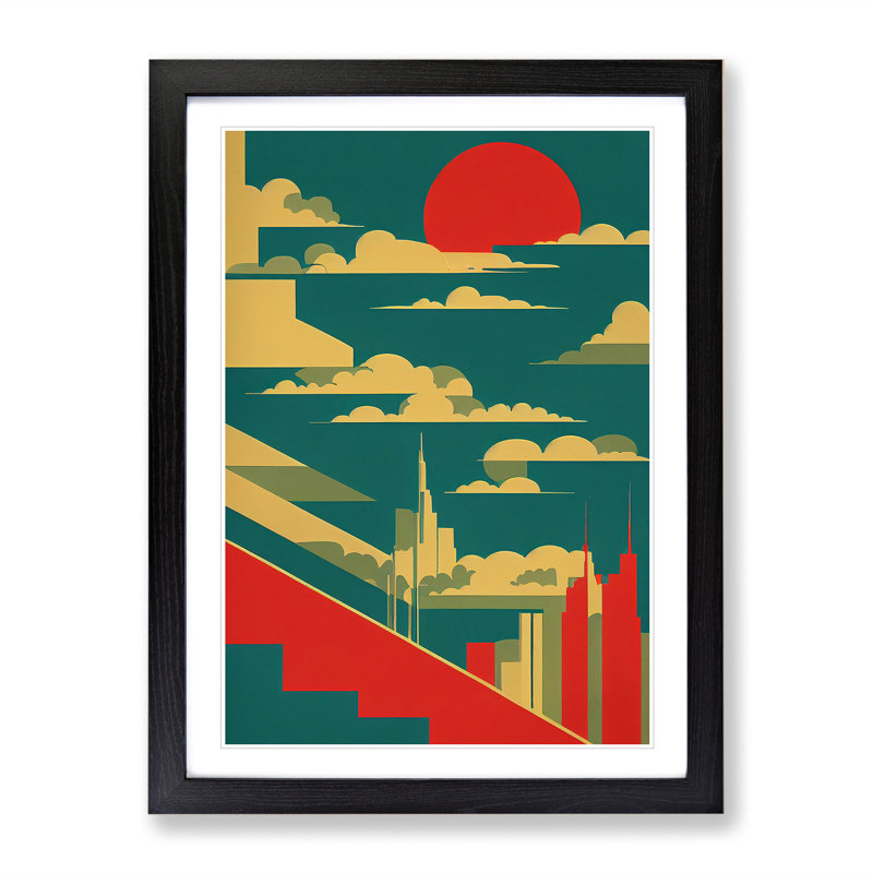 City Skyline Retro Art No.5 - Wall Art, 66cm H x 48cm W x 2cm D, Black Framed, White