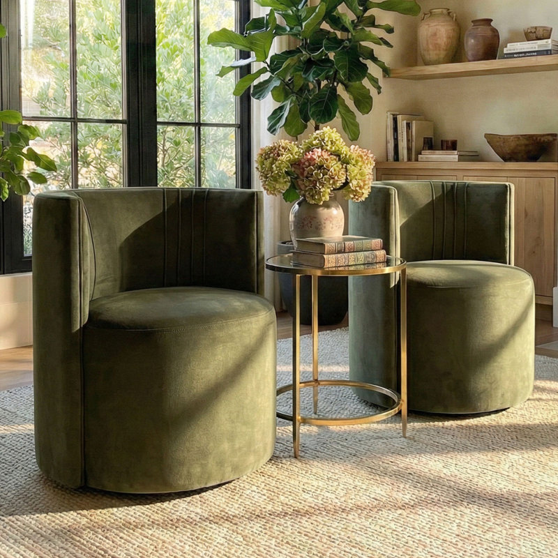 Chaises d'appoint tonneau en velours avec roulettes, Vert
