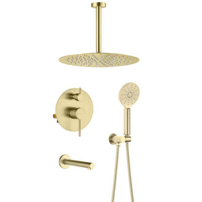 Système de douche circulaire à pression équilibrée à 3 fonctions avec valve brute, Or brossé