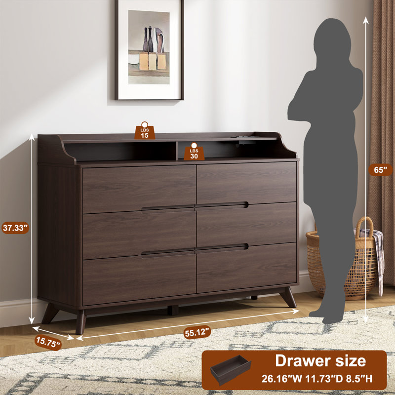 Dresser For Bedroom With 6 Drawers, 55" Large Dresser & Chest Of Drawers With Charging Station, Wood Closet Clothes Storage Long Dressers Organizer For Bedroom Living Room Hallway, Brown