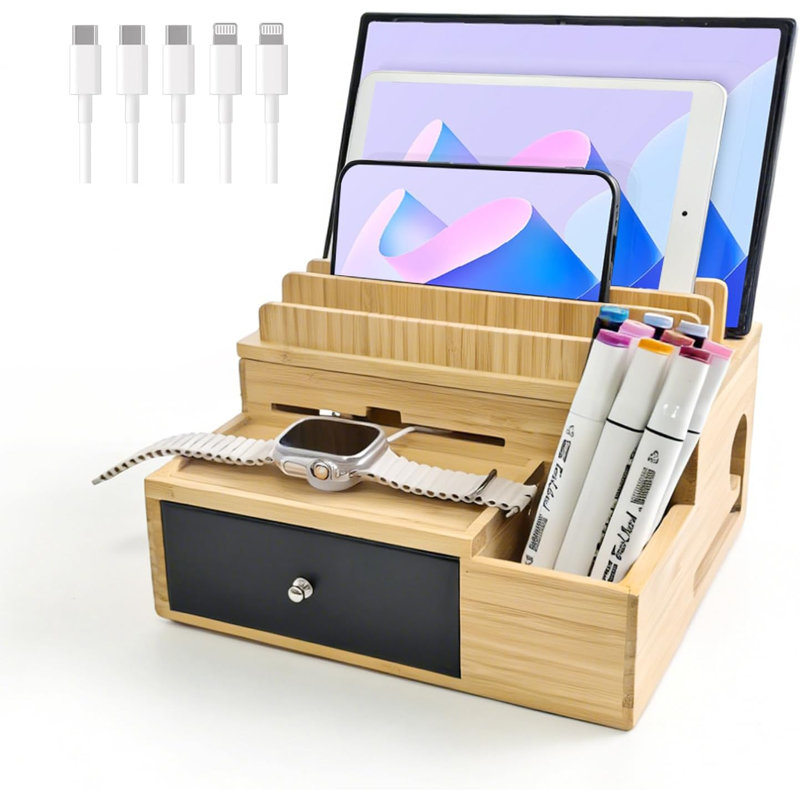 Organisateur de charge pour appareils multiples, avec tiroir et porte-stylo, table de chevet, stations de charge, organisateur électronique pour téléphone portable, tablette, etc.