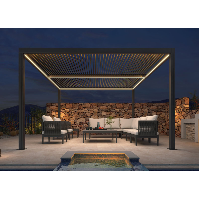 Purple Leaf Led Louvered Pergola Full Aluminum Frame And Adjustable Roof Integrated Strip Lights For Outdoor Patio Gray Hardtop Gazebo Pergola