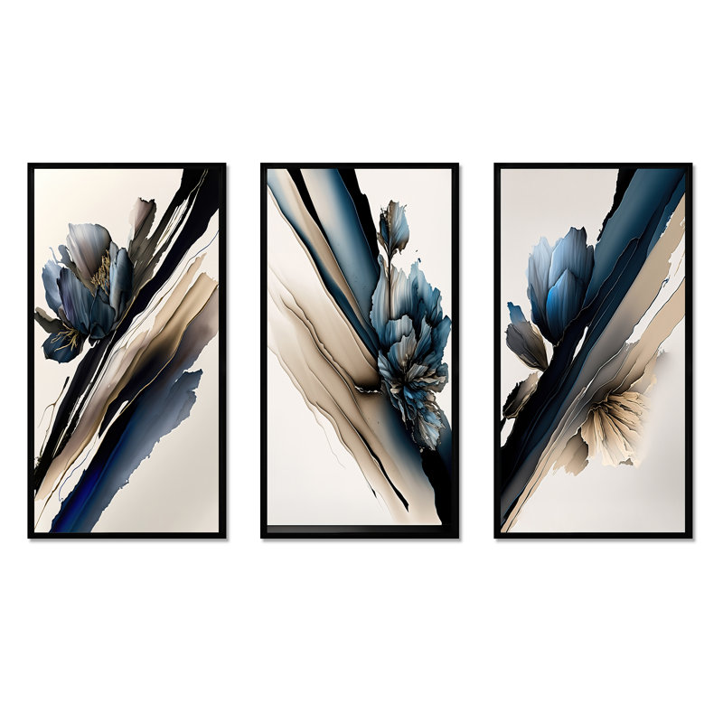 «Hyperrealistic Peony Flowers», 3 pièces sur toile, H 32 po x l 48 po, Noir