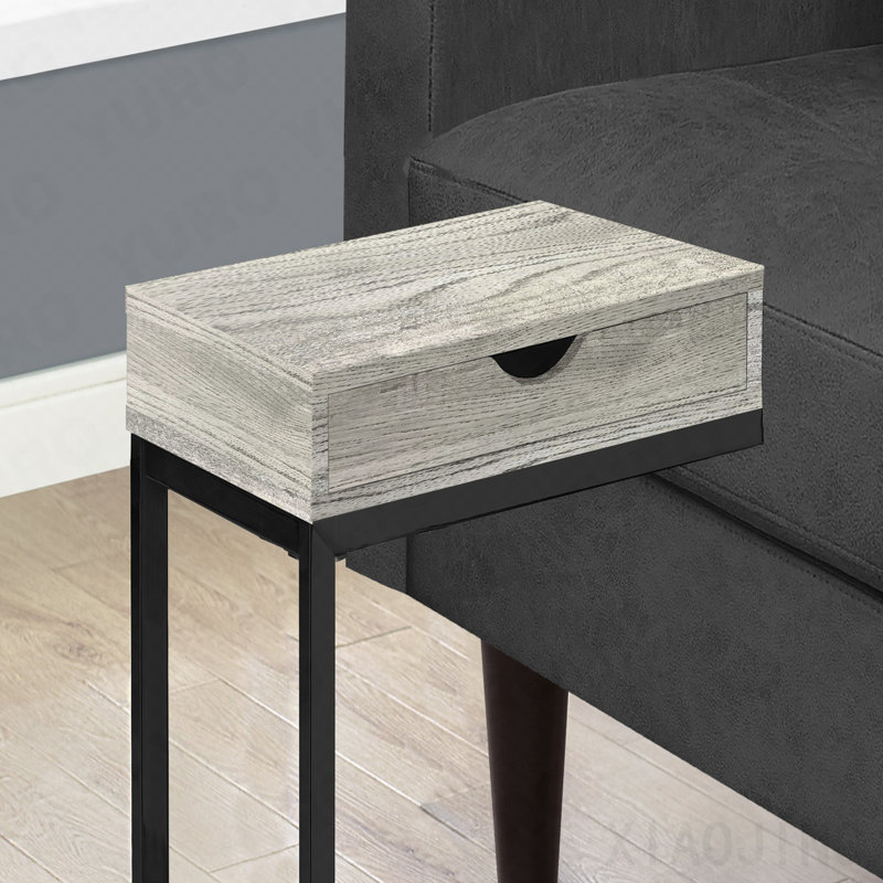 Table d'appoint en forme de C en stratifié gris avec tiroir de rangement, 24.5" H x 15.75" W x 10.25" D, Light Grey/Black