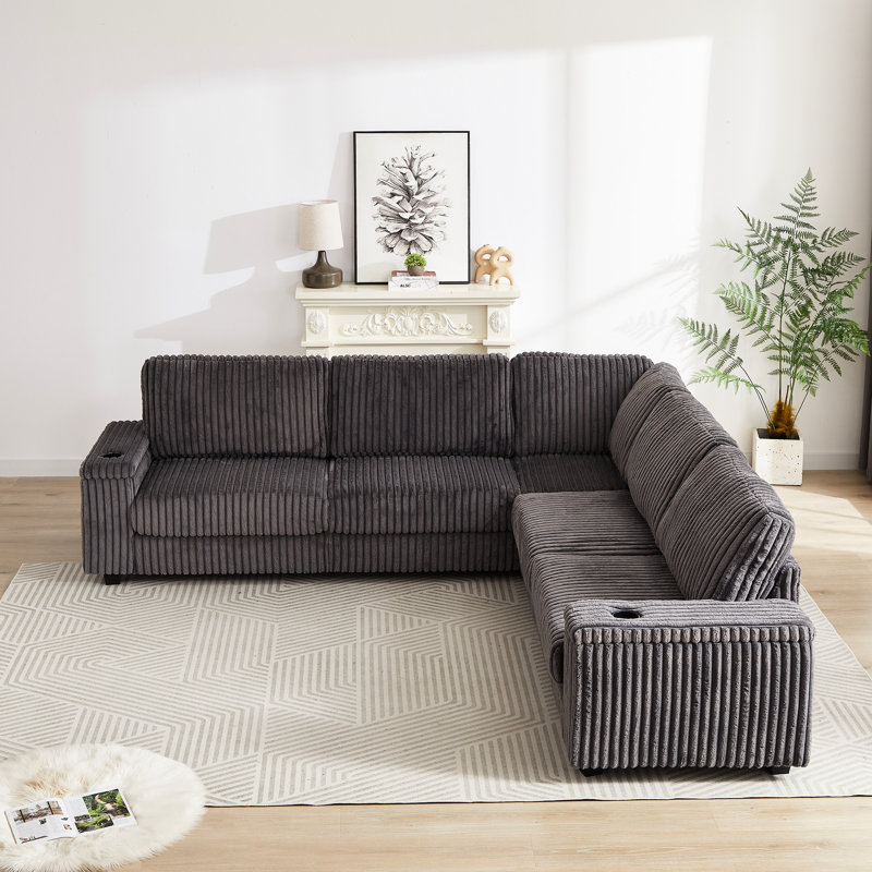 Coin en L 110 po à 5 places en L 110 po avec deux espaces de rangement et porte-gobelet de type C pour un salon luxueux et élégant