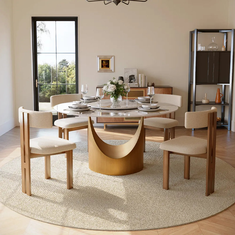 Modern Round Dining Table, Sintered Stone Tabletop With Lazy Susan, Carbon Steel Base Pre-Assembly, 29.53"H x 51"L x 51"W