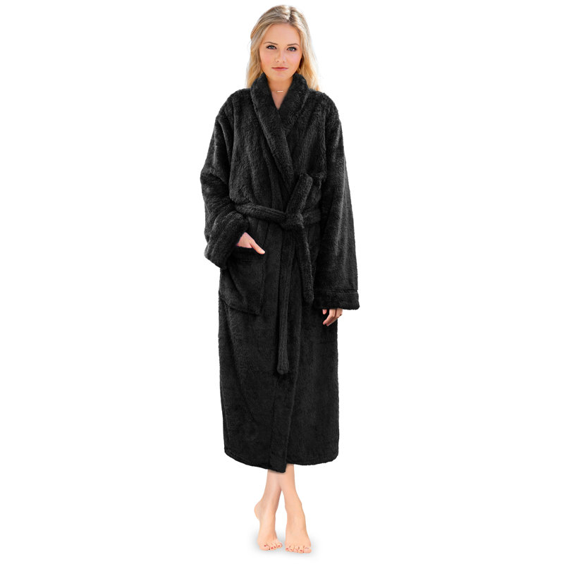 Lamartine Fleece Girl / Woman+ Mid-Calf Bathrobe with Pockets, S, Black