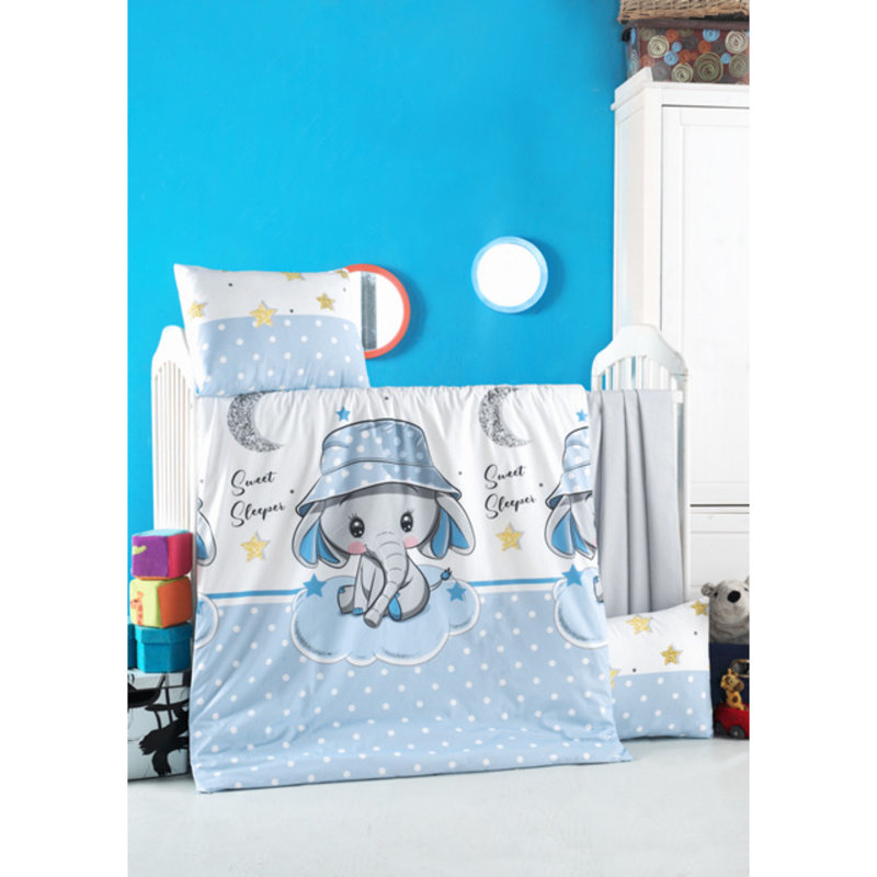 Ensemble de housse de couette Soft Baby (3 pièces), 100% coton Ranforce, avec housse de couette 39,4 po x 59,1 po, drap plat 39,4 po x 59,1 po, 2 taies d'oreiller 13,8 po x 17,7 po | Lavable à la machine, fermeture à boutons, blanc élégant, bleu, gri