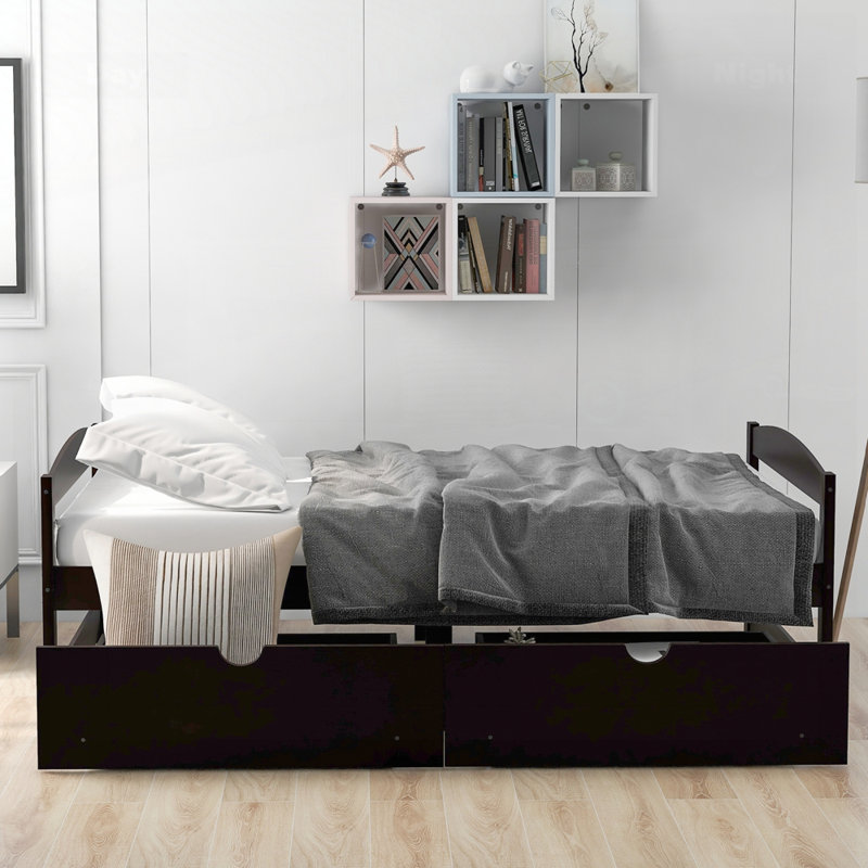 Lit plateforme simple avec 2 tiroirs de rangement - Lit simple en bois de pin pour la chambre à coucher et le salon, espresso