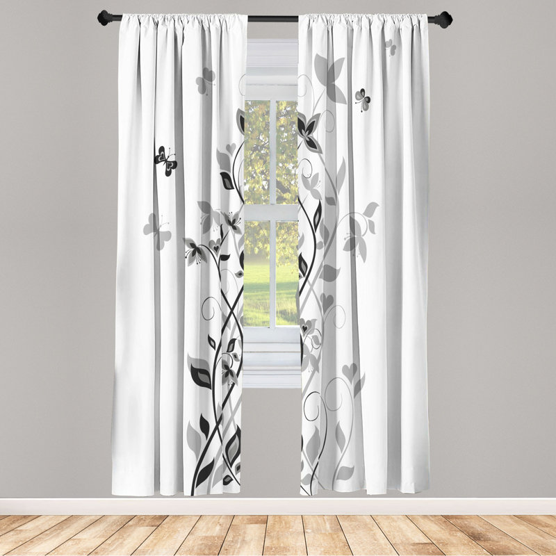 Microfiber Floral Semi-Sheer Rod Pocket Curtain Panels, 28" W x 95" L, Gray/Black/White