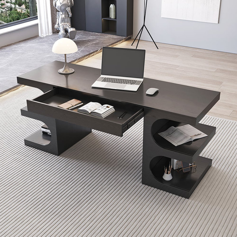Modern Black Writing Desk Office Desk With 1 Drawer & 4 Open Shelves (64.2")