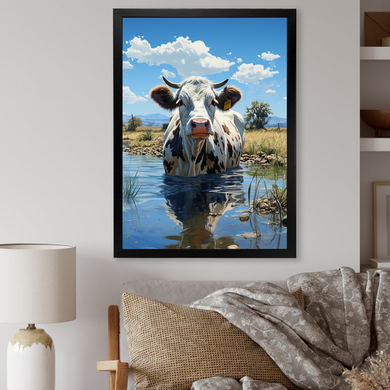 «Cow in Tranquil Pasture», reproduction sur toile, Cadre simple noir, H 40 po x l 30 po x P 1,5 po