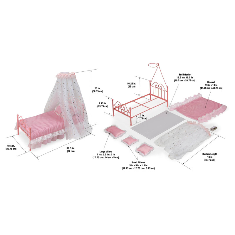 Starlights LED Canopy Metal Doll Bed with Bedding - Pink