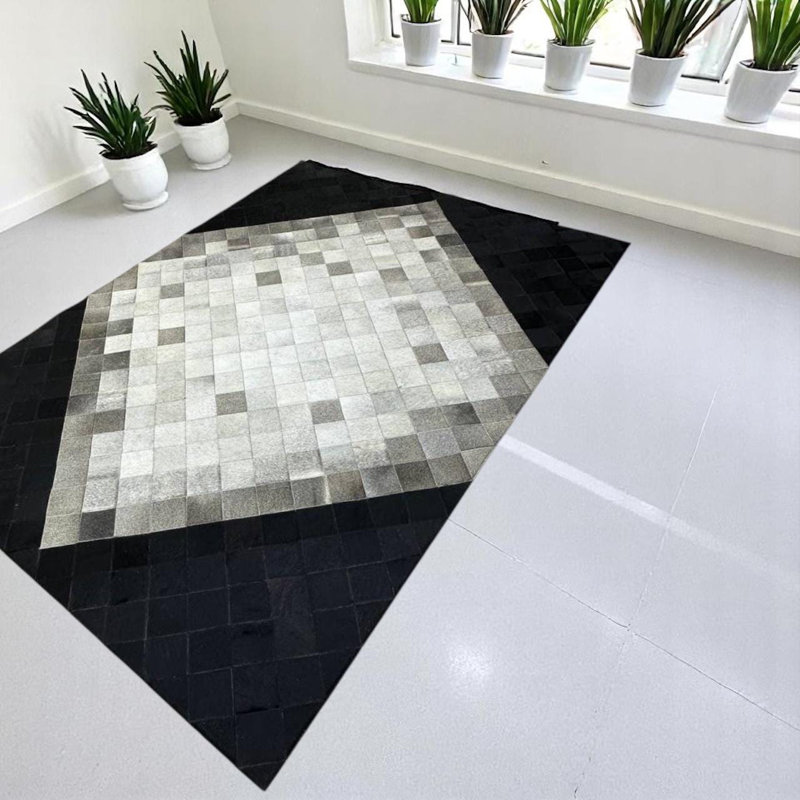 Tapis gris, tapis patchwork en peau de vache véritable 3 pi x 5 pi, Rectangulaire 3 pi x 5 pi