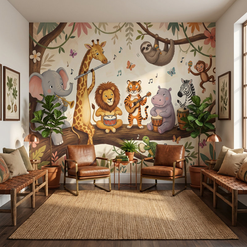 Papier peint animaux colorés, musique de la jungle, décoration murale, 140 po x 108 po, Non-Woven Nonpasted