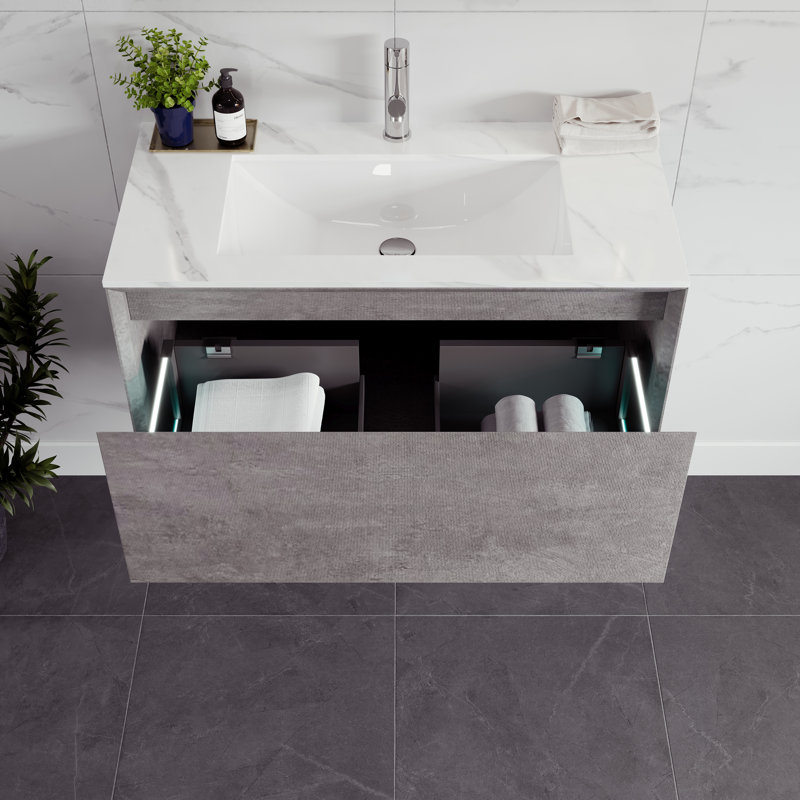 Aurora 36 In. Concrete Gray Wall Mount Single Sink Bath Vanity With Carrara Quartz Top And Undermount Porcelain Sink