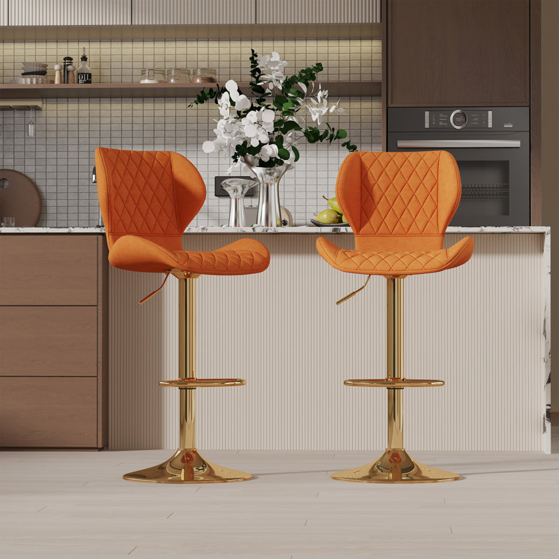 Orange Velvet Adjustable Swivel Bar Stools with Gold Base