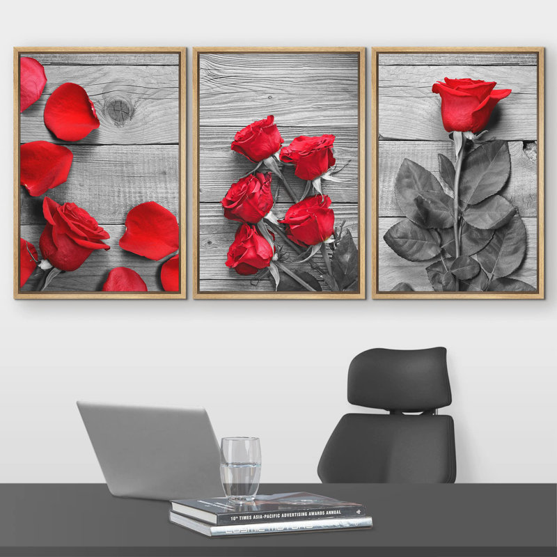 Décoration murale moderne de roses noires et blanches avec une touche de couleur rouge, H 36 po x l 72 po