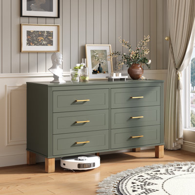 Commode double 6 tiroirs Ribelle Mid-Century avec structure en bois massif et poignées en métal