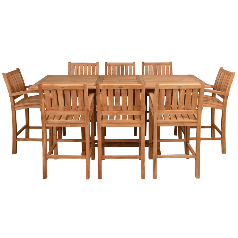 Ensemble de bar 9 pièces en bois de teck comprenant une table de bar à extension rectangulaire et 8 tabourets de bar avec accoudoirs Abacho
