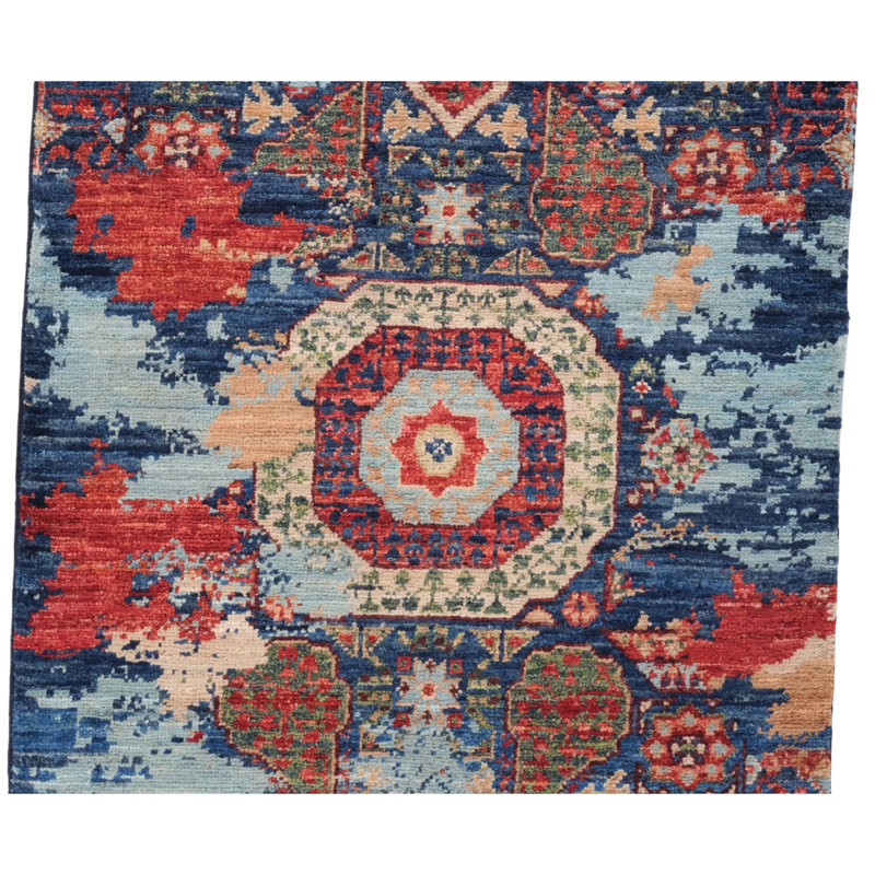 Tapis bleu marine et rouge de haute qualité noué à la main
