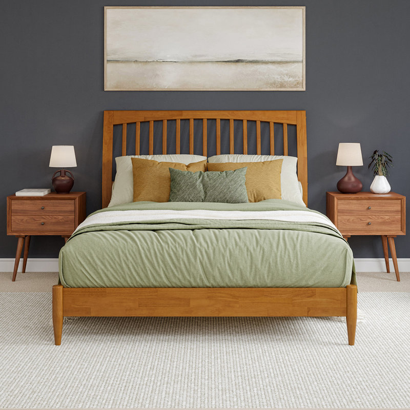Ambie Low Profile Solid Wood Slatted Spindle Sleigh Bed, Queen, Light Toffee