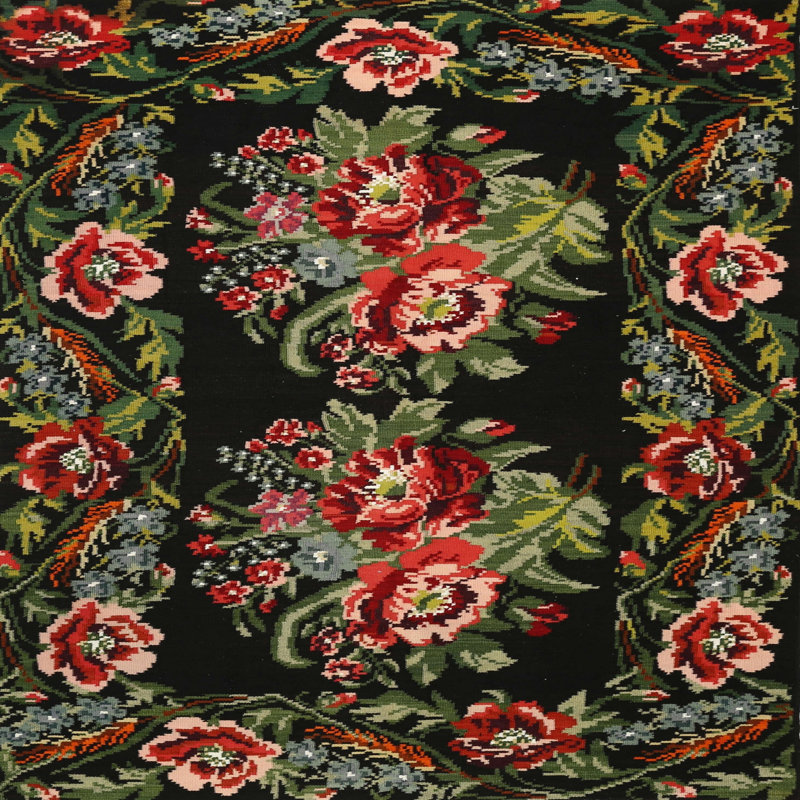 Tapis traditionnel noir / vert / rouge, Rond 7 pi