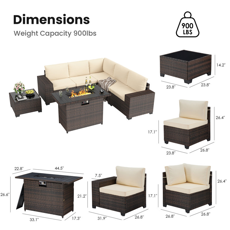 Outdoor Wicker Sectional Conversation Set With Wide Armrest, Cream