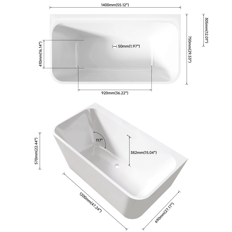 55" Acrylic Rectangular Bathtub In Gloss White, Resin And Construction, Fiberglass Reinforcement Layer, Non-Slip For , Installation, Drains Not Included White Soaker Tub, With Materials, Reinforced