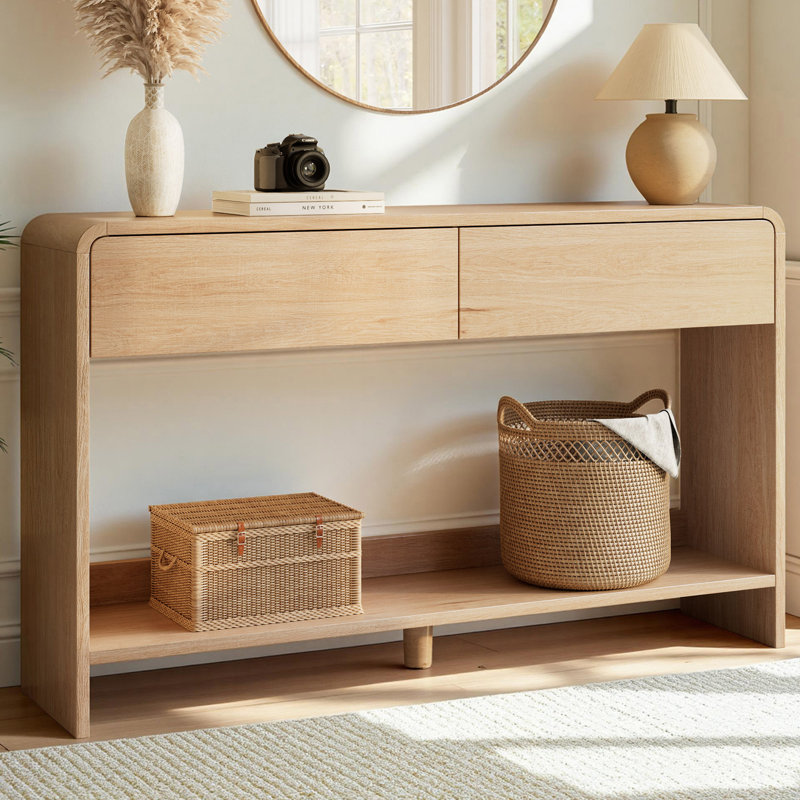 Console moderne Dulane 55 po avec 2 tiroirs, tablette ouverte, bords courbés, naturel, 55'', Natural