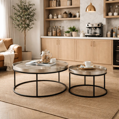 Set of 2 Silver Round Metal Coffee Tables