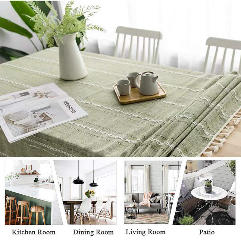 Cotton Linen Rectangular Tablecloth with Tassels, Washable, Wrinkle-Free for Kitchen, Dining, Party, Green