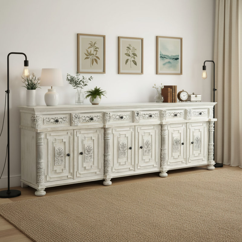 Buffet en bois massif sculpté, White, L 118 po
