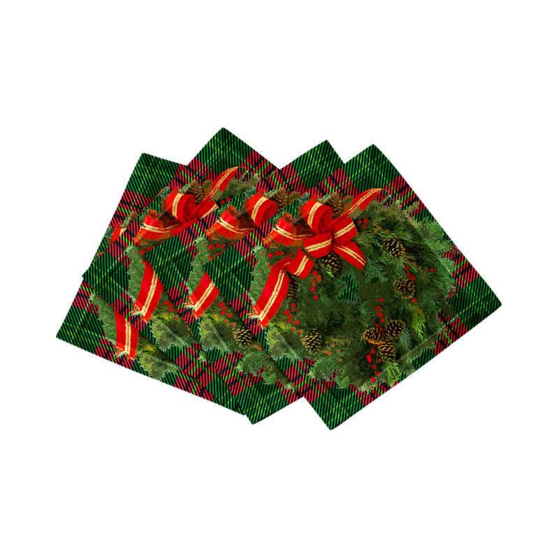 Christmas Wreath Cotton Sateen Cocktail Napkins, Tartan Green